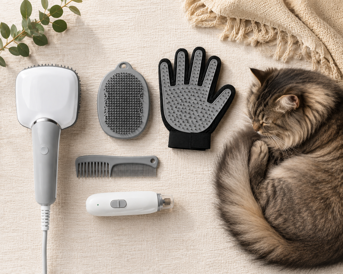 Flat lay of cat grooming tools including steam brush, comb, glove, and nail grinder next to a sleeping cat