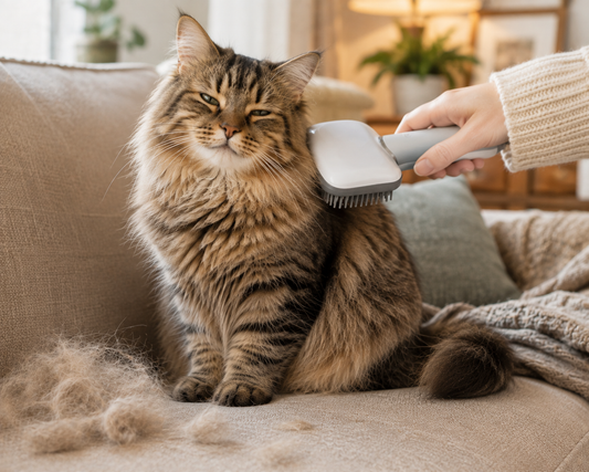 Cat being brushed on a couch with visible loose fur beside it