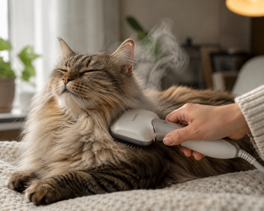 Owner using a cat steam brush to groom a fluffy cat at home