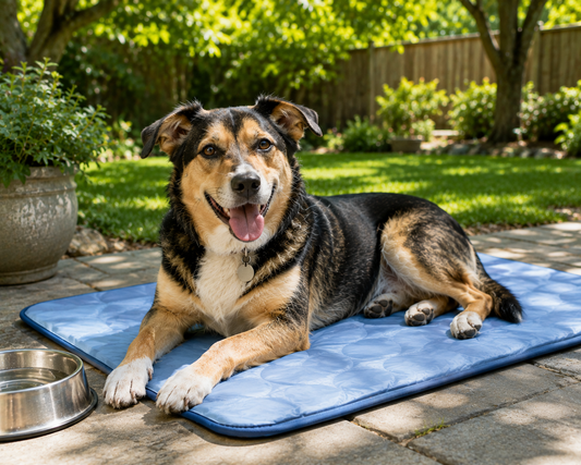 Dog resting on a cooling pad outdoors next to a water bowl