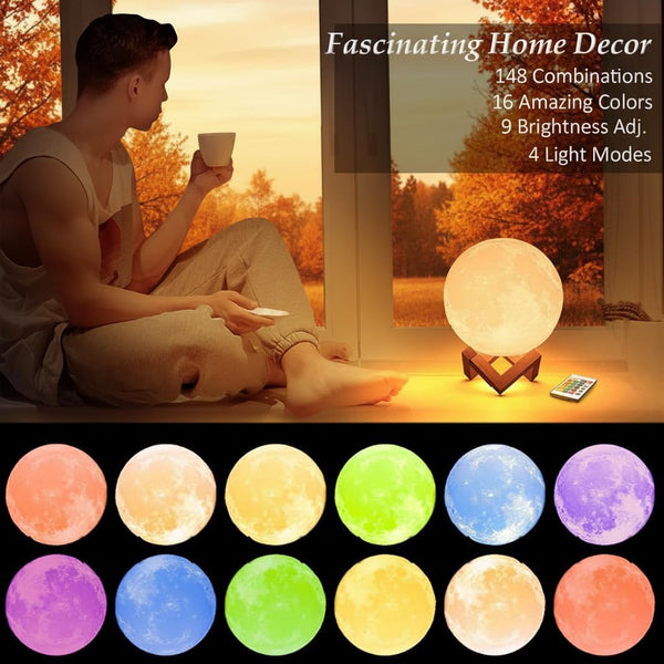 16-Color Moon Lamp - 3D Printed LED Night Light with Remote