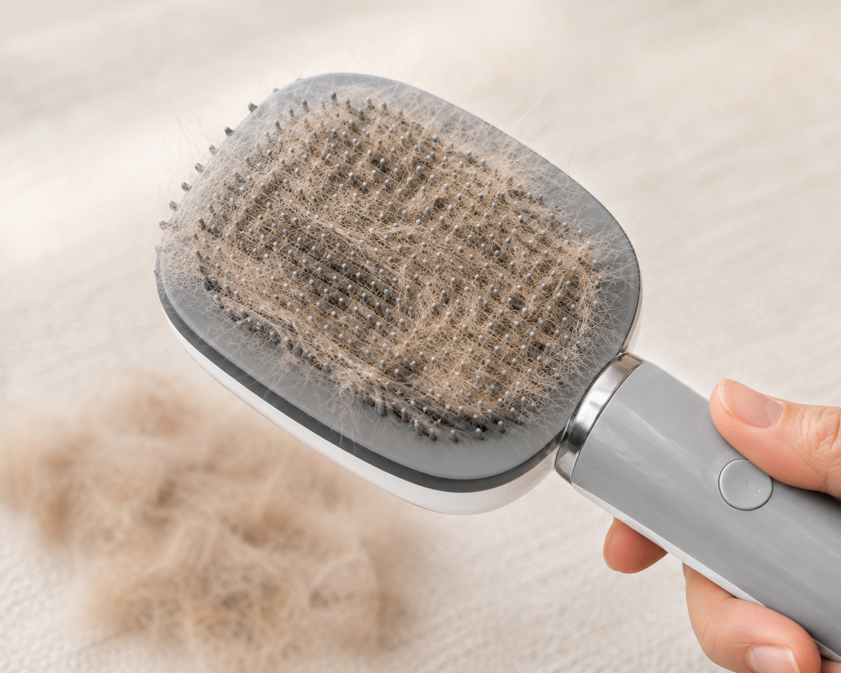 Close-up of a grooming brush full of collected loose cat fur